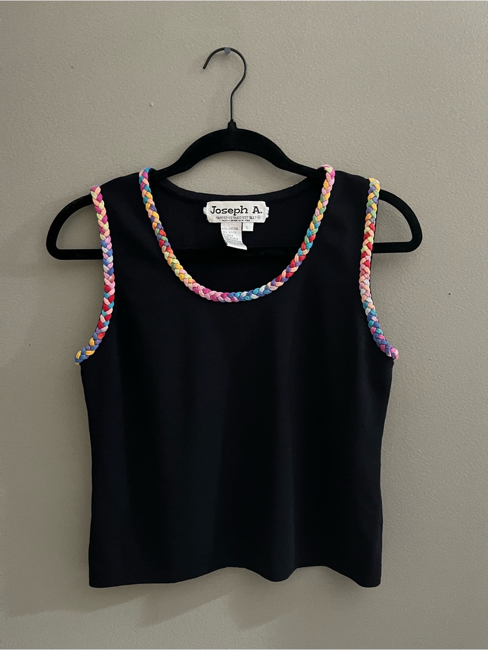 Joseph A Vintage 90s Black Sleeveless Top with Multicolor Braided Trim Large
